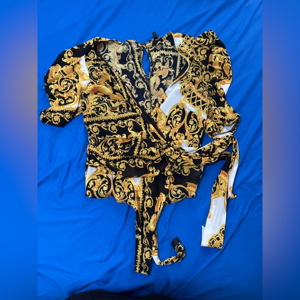 Fashion Nova Bodysuit, Romper and Silk Button down shirt